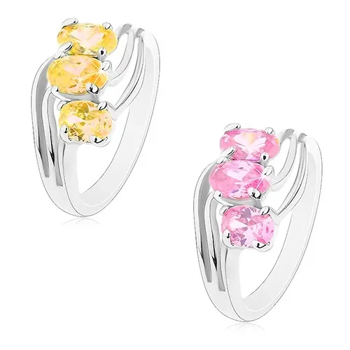 Lesklý prsteň striebornej farby, zirkónové ovály, tenké zvlnené línie - Veľkosť: 49 mm, Farba: Ružová