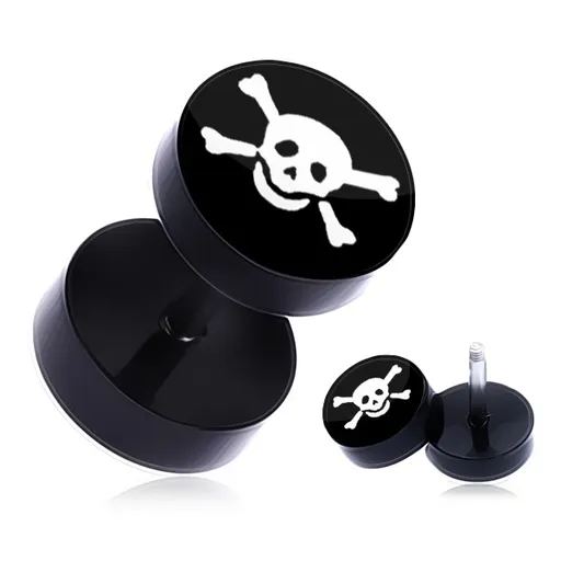 Fake plug čiernej farby, lebka a skrížené kosti