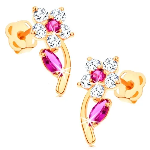 Zlaté náušnice 585 - ligotavý kvet zdobený čírymi a ružovými zirkónmi