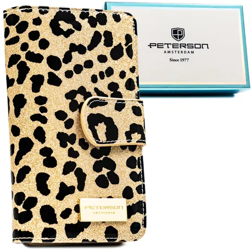 Zlatá vertikálna dámska peňaženka z prírodnej a ekologickej kože so zvieracím vzorom a RFID ochranou