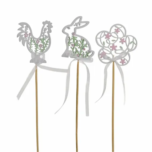 Súprava zápichov drevený zajačik, sliepočka a kvietok, 3 ks, v. 30 cm