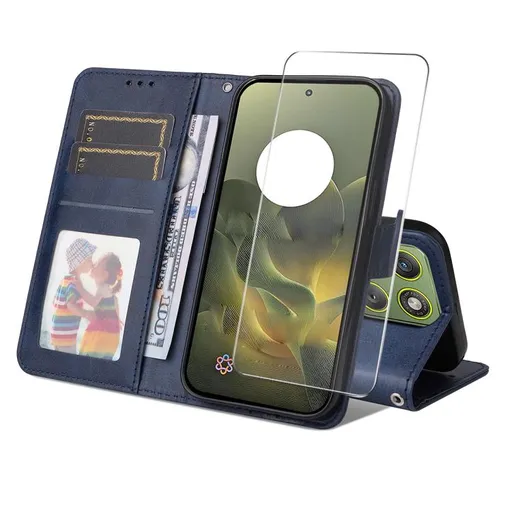 ENKAY PREMIUM SET Peňaženkové puzdro a ochranné sklo Motorola Edge 70 modré