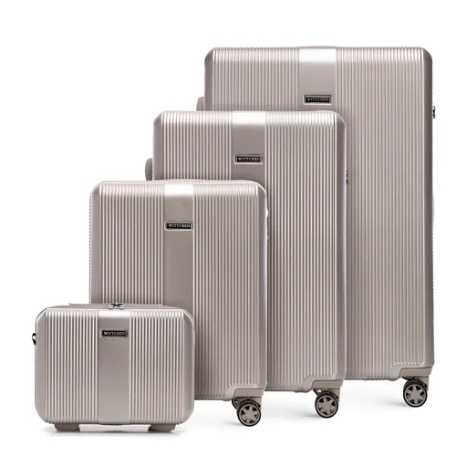 Sada polykarbonátových kufrov s vertikálnou razbou, šampanská 56-3P-90K-87