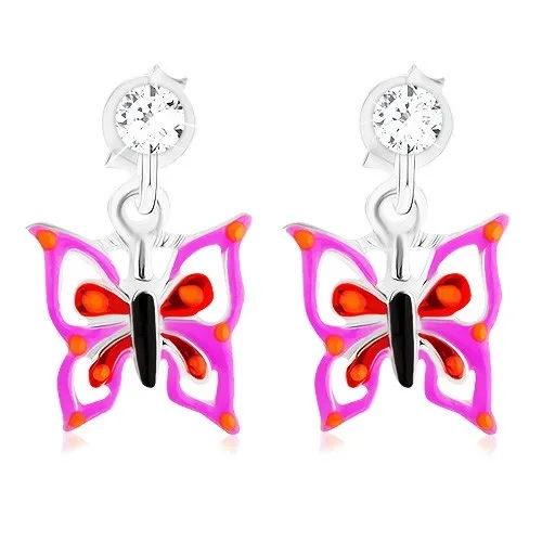 Puzetové strieborné 925 náušnice, motýlik vo fialovo-červenom odtieni, krištálik