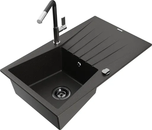 MEXEN/S MEXEN/S - Cesar granitový drez 1-miska s odkvapkávačom vrátane batérie Flora, čierna/zlatá metalik 6514-75-670401-07-B