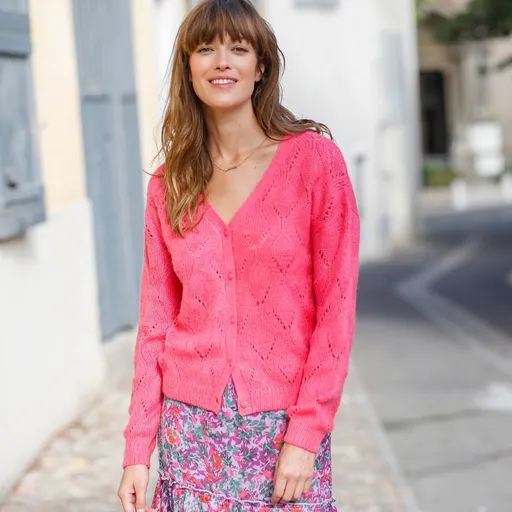 Ažúrový sveter na gombíky, voľný strih