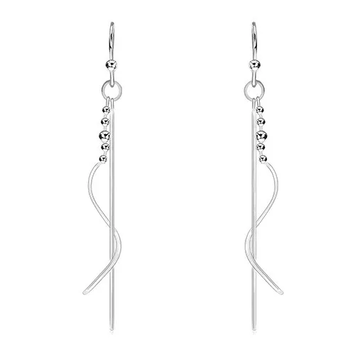 Visiace náušnice, striebro 925 - rovná palička a špirála s guličkami, háčiky