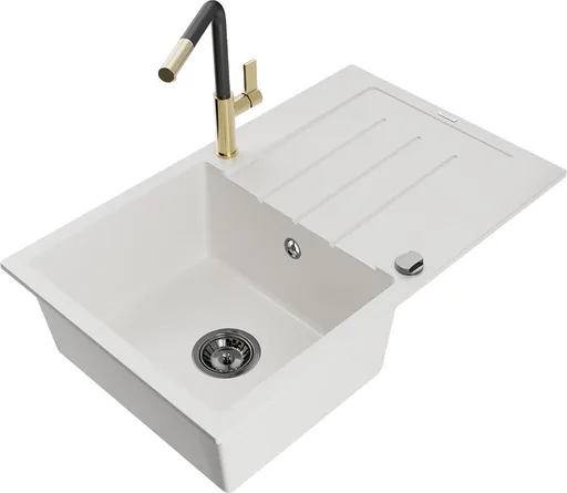 MEXEN/S MEXEN/S - Bruno granitový drez 1 s odkvapkávačom vrátane batérie Flora, biela 6513-20-670401-57-B