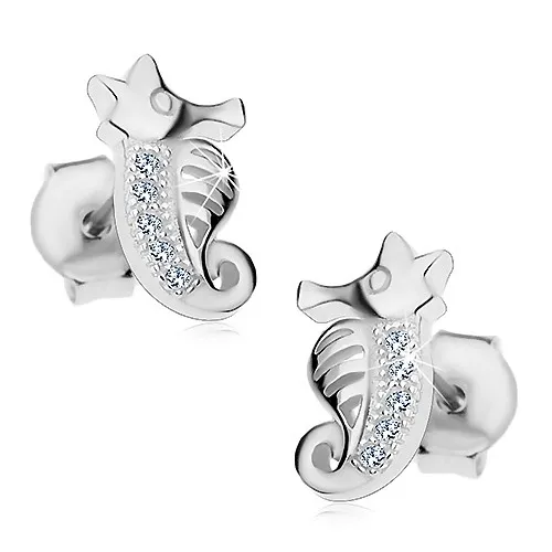 Puzetové náušnice - striebro 925, malý morský koník zdobený zirkónmi a výrezmi