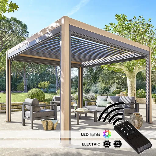 DEOKORK Záhradný hliníkový altánok elektrický MEGAN 4x3 m (efekt dreva)