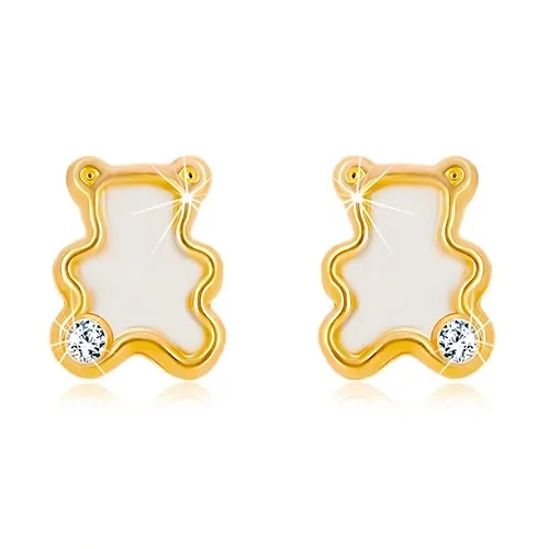 Náušnice zo žltého 14K zlata - medvedík s naturálnou perleťou a zirkónom