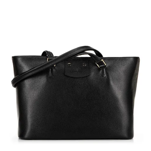 Dámska shopperka z kože s nášivkou v logu čierno-zlatá 100-4E-621-1G