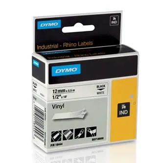 Dymo originál páska do tlačiarne štítkov, Dymo, 18444, S0718600, černý tlač/biely podklad, 5.5m, 12mm, RHINO vinylová profi D1