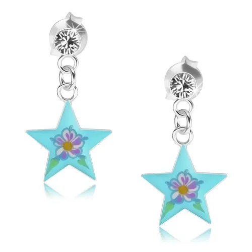 Puzetové náušnice zo striebra 925, lesklá modrá hviezda, farebný kvietok, krištáľ
