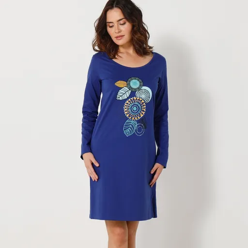 Krátka nočná košeľa s dlhými rukávmi a potlačou roziet