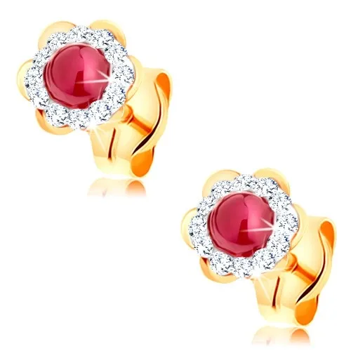Zlaté náušnice 585 - ligotavý kvietok s okrúhlym rubínom uprostred
