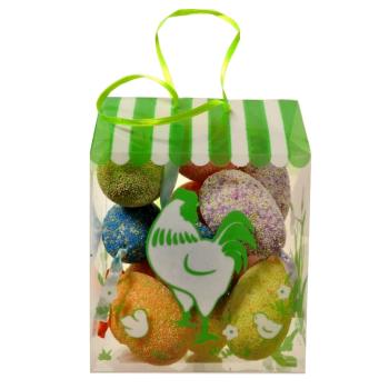 Vajíčka mozaika x 12 ks, výška 6 cm, PET BOX závesný domček