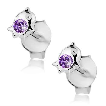 Lesklé náušnice, striebro 925, delfínik, Swarovski krištáľ tanzanitovej farby