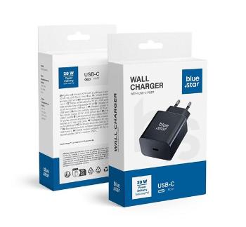 Blue Star hálózati töltő USB-C + 3A PD, 20W, QC 4.0 funkció, fekete