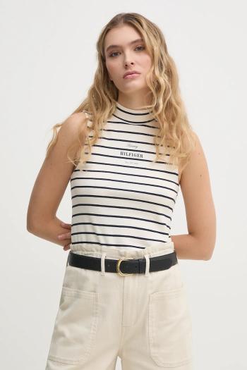 Bavlnený top Tommy Hilfiger béžová farba, s polorolákom, WW0WW44573