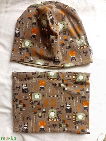 134-140 -146-152-158 Tavaszi kifordítható pamutsapka-sál szett 52 cm tűzoltós, vikinges ökotexes anyag