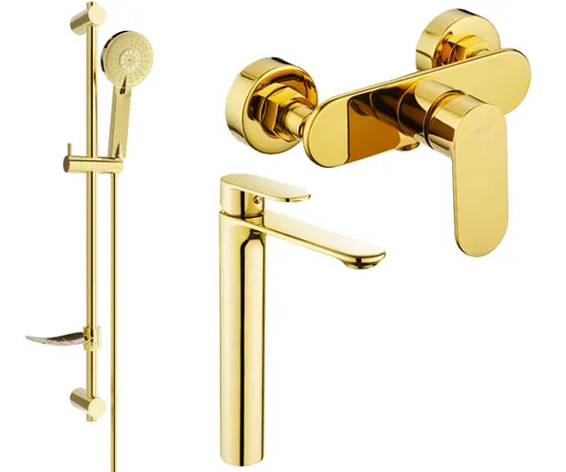 MEXEN/S - Milo DF40 Set umývadlová a sprchová batéria s príslušenstvom, zlato 71314DF40-50