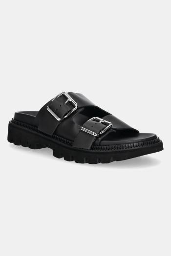 Kožené šľapky Tommy Jeans DOUBLE STRAP SANDAL dámske, čierna farba, na platforme, EN0EN02753