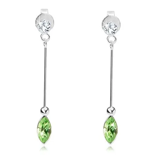 Náušnice zo striebra 925, palička, číry okrúhly a svetlozelený zrnkový Swarovského krištáľ