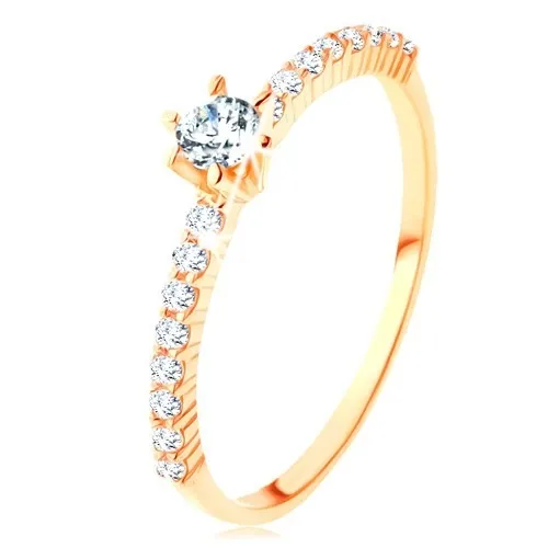 Prsteň zo žltého 9K zlata - číre zirkónové línie, vystupujúci okrúhly zirkón - Veľkosť: 52 mm