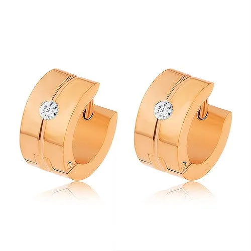 Lesklé oceľové náušnice medenej farby, zvislý zárez, trblietavý zirkón