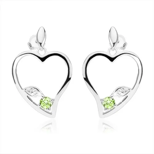 Strieborné náušnice 925, obrys asymetrického srdca, číry a zelený zirkón