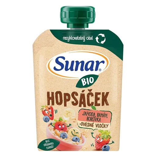 SUNAR Ovocné vrecko hopsáčik jahoda, banán, čučoriedka a ovsené vločky BIO 100 g