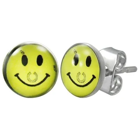 Oceľové náušnice - žltý smajlík s podkovou, puzetky