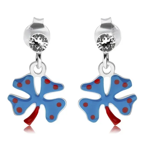 Strieborné náušnice 925, štvorlístok s tmavomodrou glazúrou, červené bodky