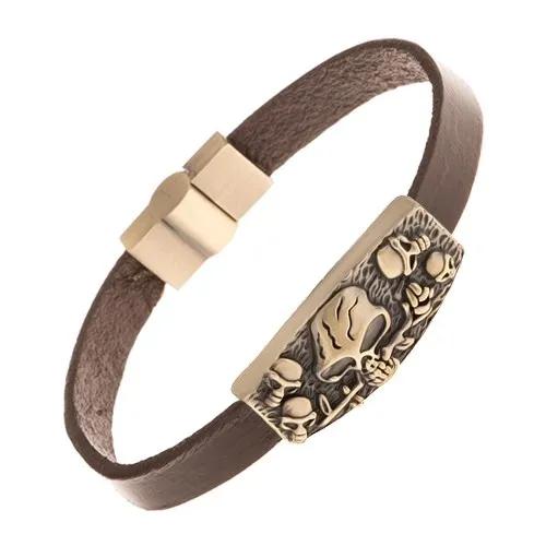 Kožený tmavohnedý náramok, známka mosadznej farby - lebky, ruža