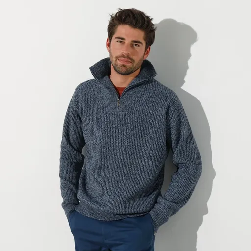 Pulóver z hladkého úpetu so stojačikom na zips a 30 % podielom vlny