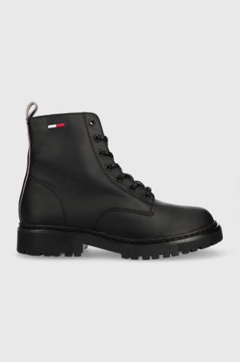 Členkové topánky Tommy Jeans Tommy Jeans Lace Up Flat Boot dámske, čierna farba, na plochom podpätku,