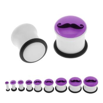 Plug do ucha, biela farba, fialová predná časť svietiaca v tme, fúzy, gumička - Hrúbka: 10 mm