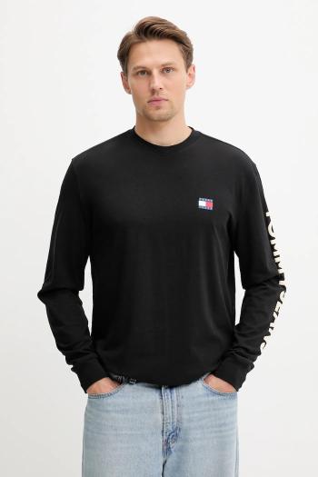 Bavlnené tričko s dlhým rukávom Tommy Jeans čierna farba, jednofarebné, DM0DM21591