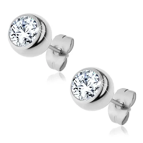 Oceľové náušnice striebornej farby, gulička so vsadeným čírym zirkónom