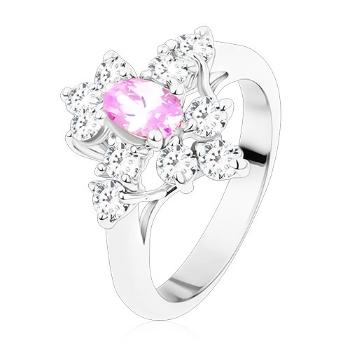 Prsteň s oválnym zirkónom vo svetlofialovej farbe, zúžené ramená, číre zirkóny - Veľkosť: 54 mm