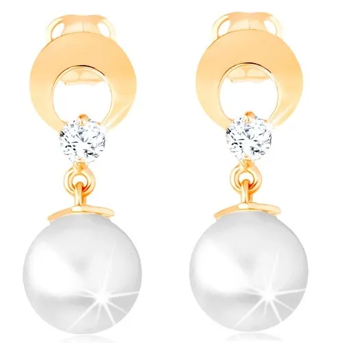 Zlaté náušnice 14K s obrysom kruhu, syntetickou perlou a zirkónom