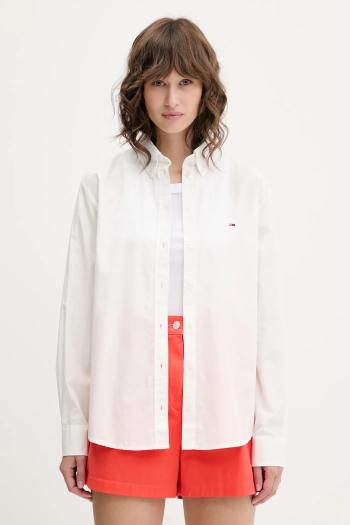 Bavlnená košeľa Tommy Jeans biela farba, voľný strih, s klasickým golierom, DW0DW20290