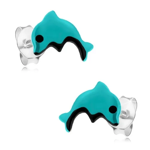 Strieborné náušnice 925, svetlomodrý delfínik s čiernym očkom a bruškom