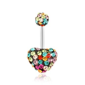 Piercing do pupka, oceľ 316L, rôznofarebné zirkóny, srdce, gulička