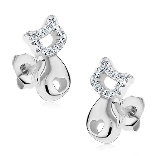 Strieborné náušnice 925, lesklá mačka so srdiečkovým výrezom a čírymi zirkónmi