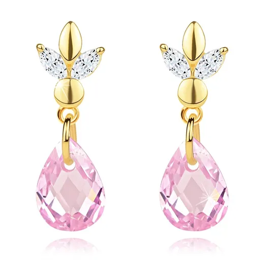 Puzetové náušnice zo žltého 14K zlata - kvet, ružová zirkónová slza