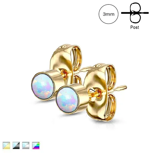 Náušnice z ocele 316L - dúhový syntetický opál v objímke, puzetové zapínanie, 3 mm - Farba: Čierna