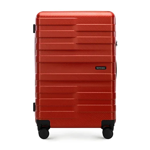 Stredný kufor z polykarbonátu s horizontálnymi pruhmi, červený 56-3P-582-30