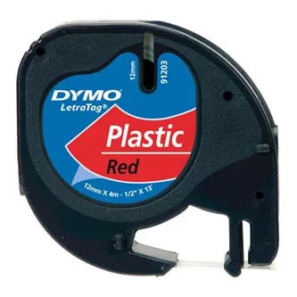 Dymo originál páska do tlačiarne štítkov, Dymo, 91203, S0721630, černý tlač/červený podklad, 4m, 12mm, LetraTag plastová páska